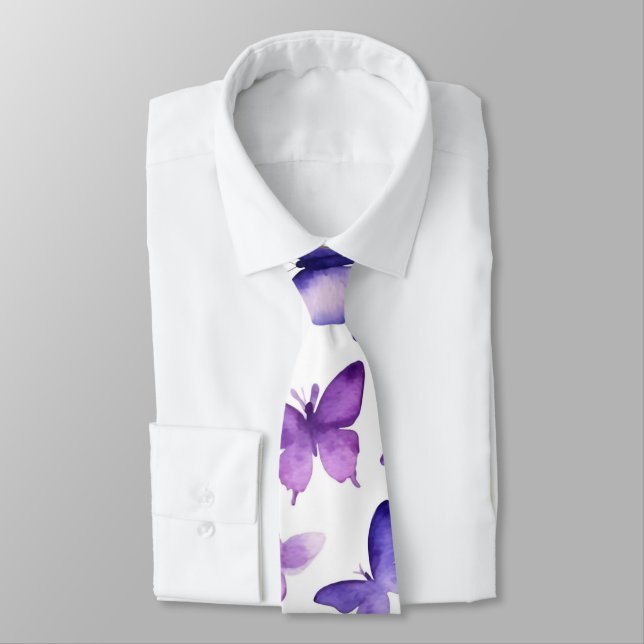 Watercolor Purple Vibrant Butterflies Tie (Tied)