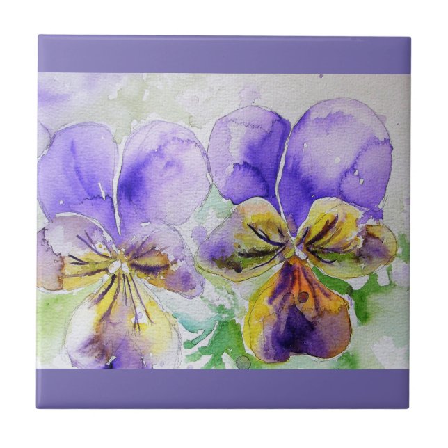 Watercolor Purple Viola Pansy Floral Ceramic Tile (Front)