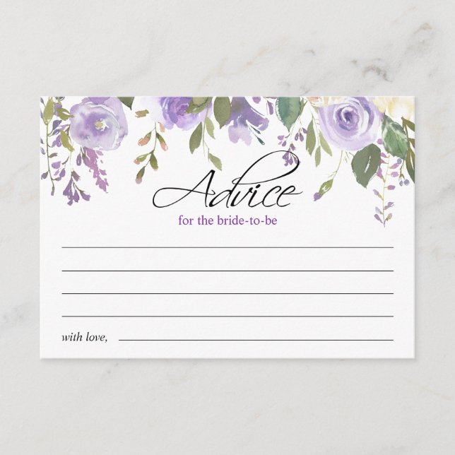 Watercolor Purple Violet Floral Bridal Shower Advice Card (Front)