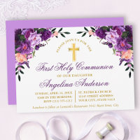 Watercolor Purple Violet Floral Communion Gold