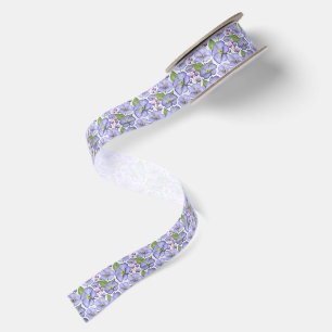Watercolor Purple Violets & Floral Pattern Satin Ribbon