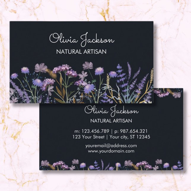 Watercolor Purple Wildflower Meadow Business Card (Front and Back)