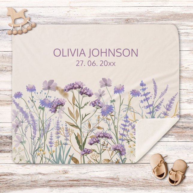 Watercolor Purple Wildflower Meadow Quote Sherpa Blanket (In situ)