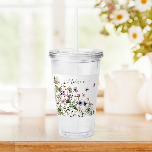 Watercolor Purple Wildflowers  Acrylic Tumbler (In situ)