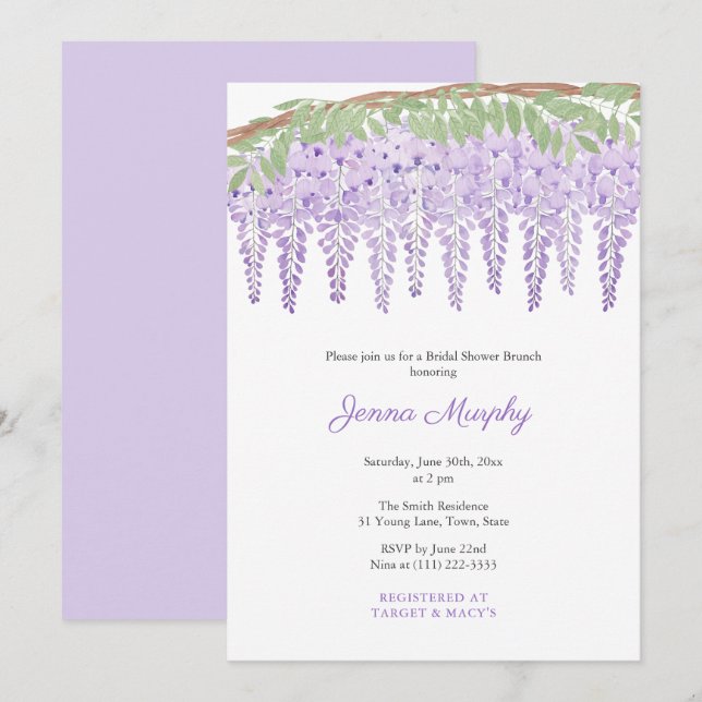 Watercolor Purple Wisteria Bridal Shower Party Invitation (Front/Back)