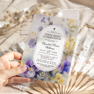 Watercolor Purple & Yellow First Holy Communion Invitation