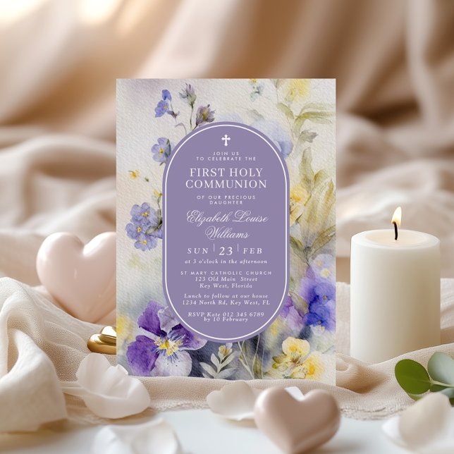 Watercolor Purple & Yellow First Holy Communion Invitation (Creator Uploaded)