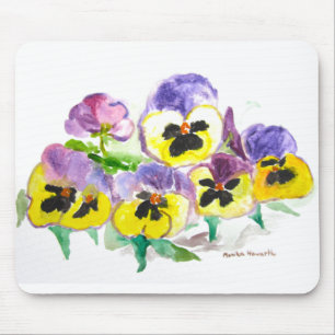 Watercolor Purple Yellow Pansies Floral Rustic Mouse Pad