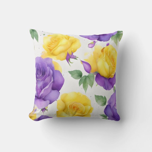 Watercolor Purple Yellow Rose  Cushion (Front)