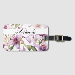Watercolor Purplish Leafy Lily Pattern Monogramed Luggage Tag