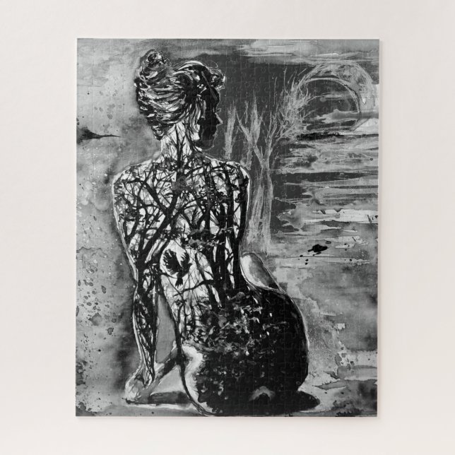 Watercolor Puzzle - Nature Lady - Black & White  (Vertical)