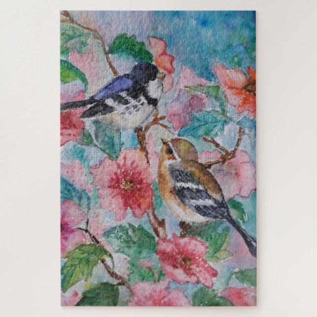Watercolor Puzzle with Beautiful Spring Birds (Vertical)