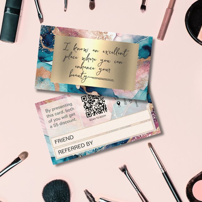 Watercolor Qr Code faux gold Blush Referral Card (Creator Uploaded)