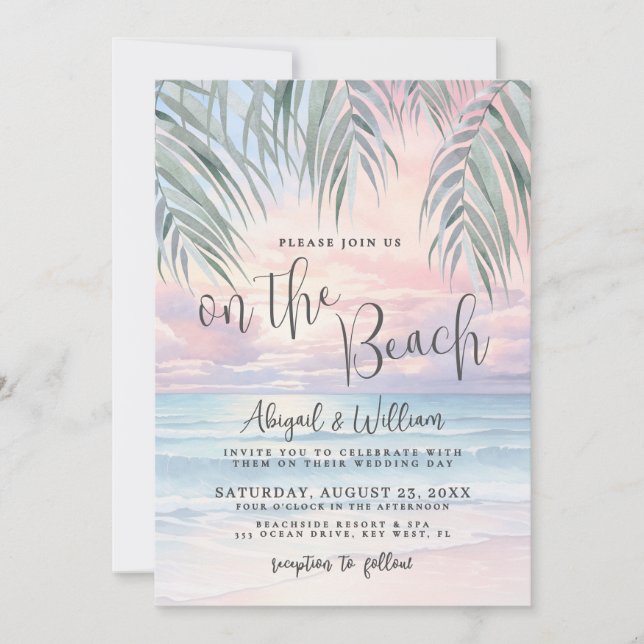 Watercolor QR Code On The Beach Wedding Invitation (Front)