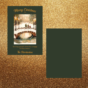 Watercolor Quaint Snow Scene Xmas Flat Card