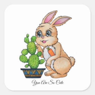 Watercolor Rabbit And Cute Cactus Square Sticker