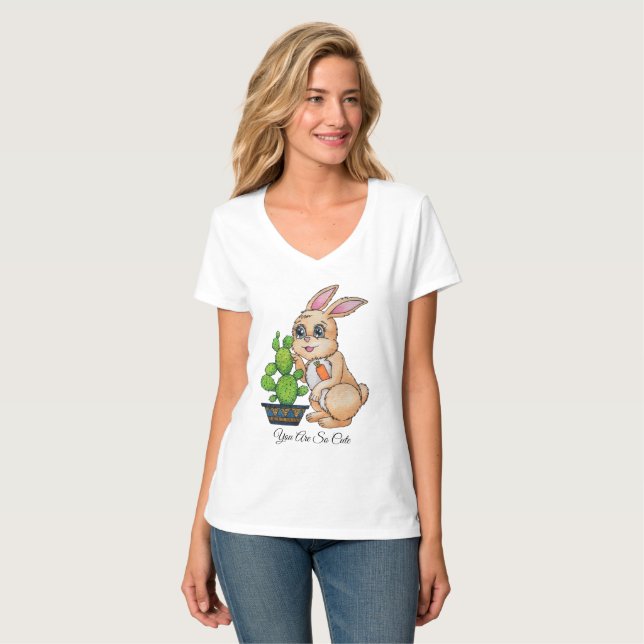 Watercolor Rabbit And Cute Cactus T-Shirt (Front Full)