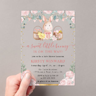 Watercolor Rabbit and Pink Flowers Baby Shower Acrylic Invitations
