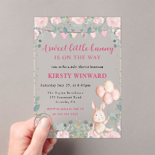 Watercolor Rabbit and Pink Flowers Baby Shower Acrylic Invitations