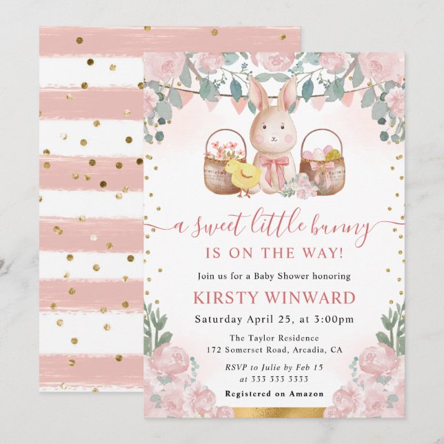Watercolor Rabbit and Pink Flowers Baby Shower Invitation