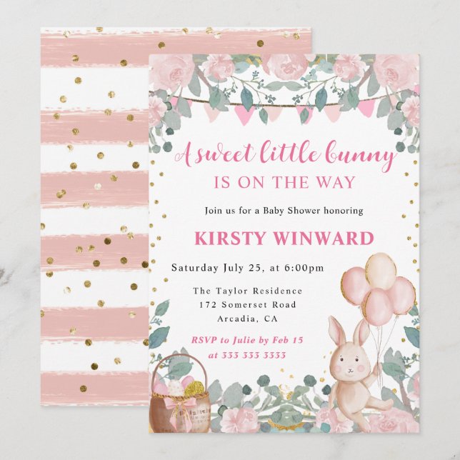 Watercolor Rabbit and Pink Flowers Baby Shower Invitation (Front/Back)