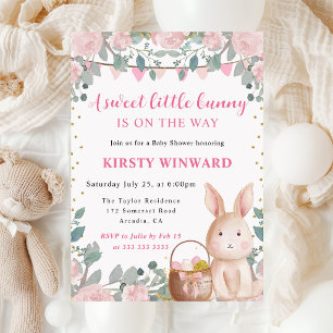 Watercolor Rabbit and Pink Flowers Baby Shower Invitation