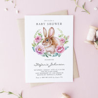 Watercolor Rabbit and Pink Flowers Baby Shower