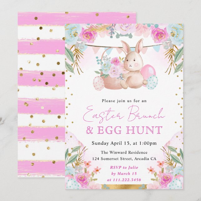 Watercolor Rabbit and Spring Flowers Easter Invitation (Front/Back)
