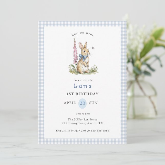 Watercolor Rabbit blue Gingham boy 1st Birthday  Invitation (Standing Front)