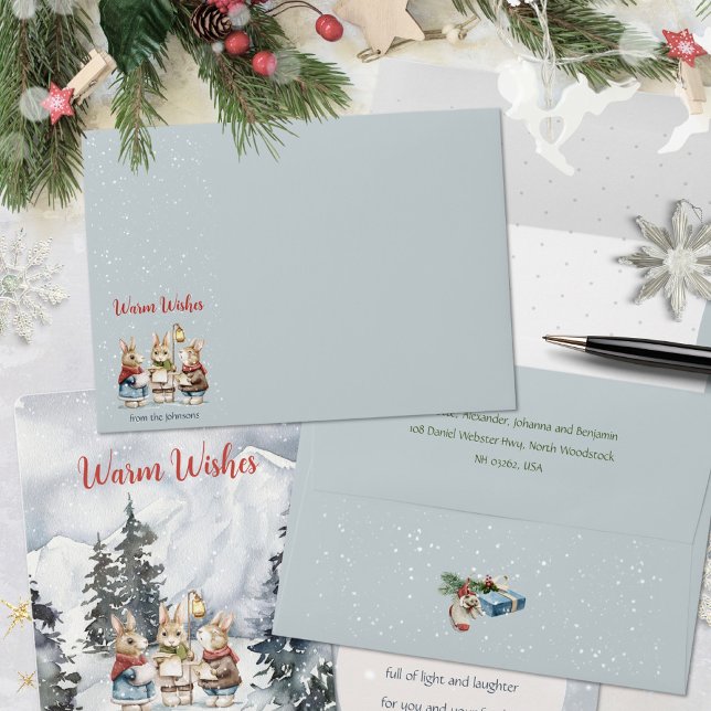 Watercolor Rabbit Carolers Cottagecore Envelope (Glacier Gray Watercolor Rabbit Carols Accent Wrap Envelope ©Susanne Sachers - Sunny Mind 🌞)