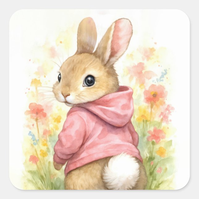 Watercolor Rabbit in a Pink Hoodie Square Sticker (Front)