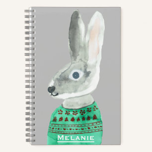 Watercolor Rabbit in Sweater Grey Personalised Notebook