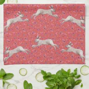 Watercolor Rabbit Red Floral Kitchen Towel