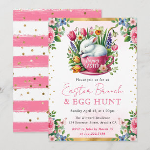 Watercolor Rabbit Spring Flowers Easter Brunch Invitation