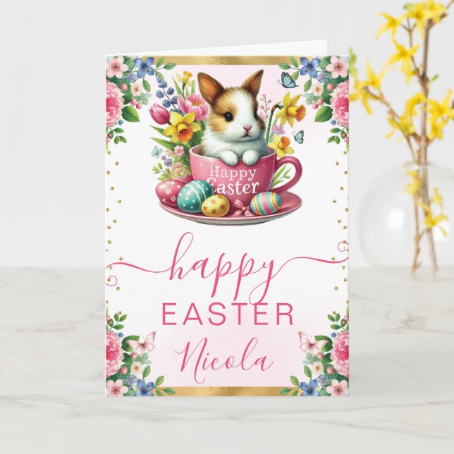 Watercolor Rabbit Spring Flowers Happy Easter Card (Yellow Flower)