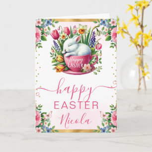 Watercolor Rabbit Spring Flowers Happy Easter Card