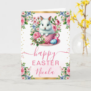 Watercolor Rabbit Spring Flowers Happy Easter Card