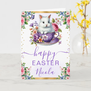Watercolor Rabbit Spring Flowers Happy Easter Card