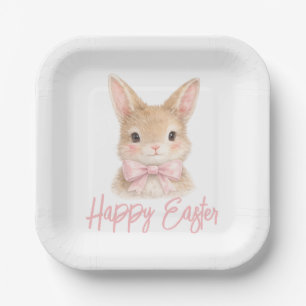 Watercolor Rabbit with Pink Bow  Cute Easter Bunny Paper Plate