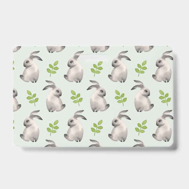 Watercolor rabbits and grass ID badge (Front)