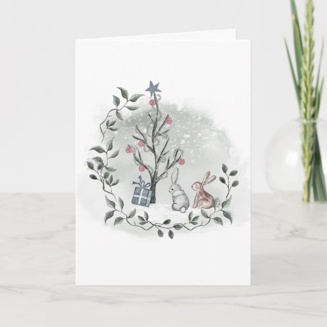 Watercolor Rabbits Christmas Tree Card (Front)
