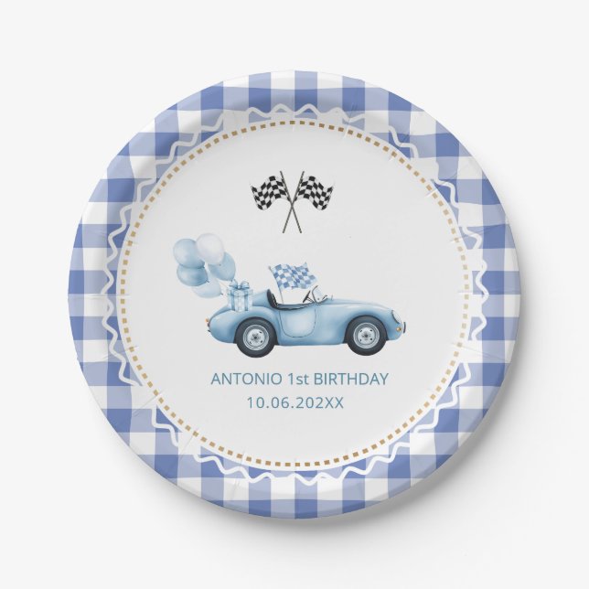  Watercolor  Race car 1st birthday Paper Plate (Front)