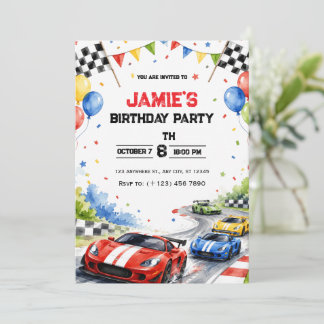 Watercolor Race Car Birthday Party Invitation