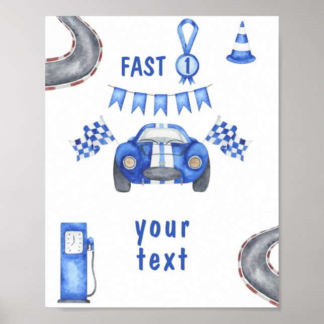Watercolor Race Car First Birthday custom text Poster (Front)