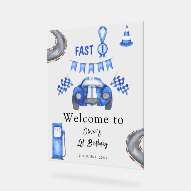 Watercolor Race Car First Birthday Party Welcome Acrylic Sign (Angle)