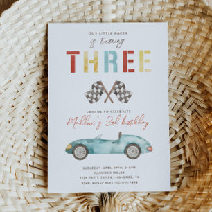 Watercolor Race Car Third Birthday Invitation