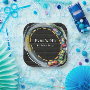 Watercolor Race Track Boys Birthday Party Paper Plate