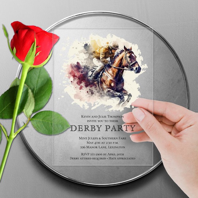 Watercolor Racehorse Derby Party Acrylic Invitations (ACRYLIC clear or frosted watercolor racehorse Derby party invitations)