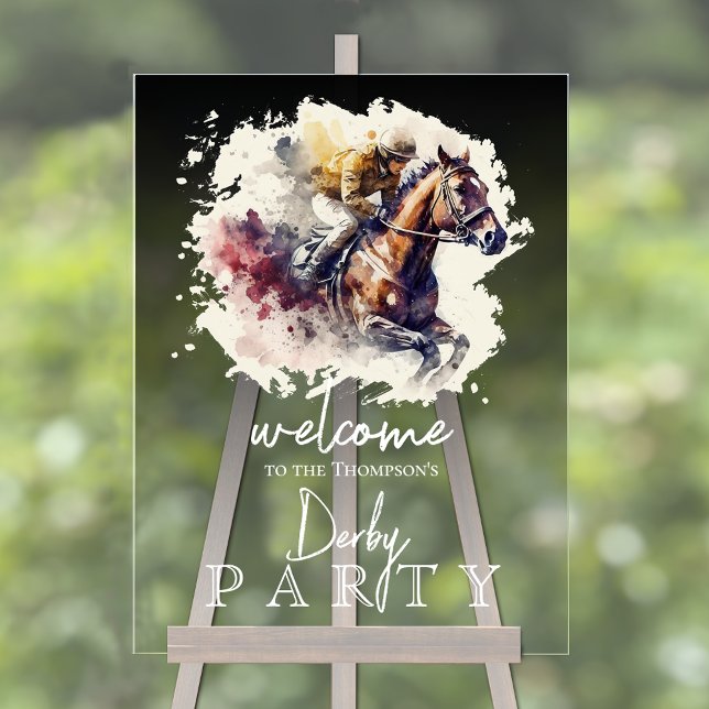 Watercolor Racehorse Derby Party Acrylic Sign (Watercolor racehorse and jockey Derby party smoky black transparent acrylic sign)
