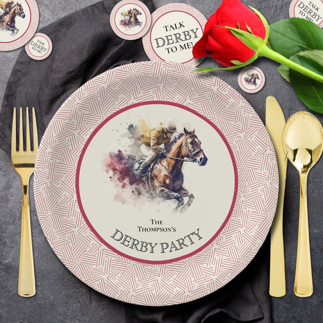 Watercolor Racehorse Derby Red Paper Plate (Paper plates and confetti sold separately in our collection.)